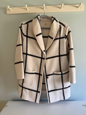 Marine Layer shawl collar coatigan jacket cream and Black Windowpane Check XS